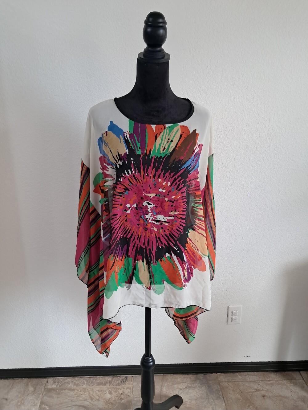 123 Kimono Boho Top Women’s OS Colorful Floral Sheer Asymmetrical Flowy Artsy